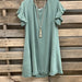 Color-Light Green-Ladies Cotton Linen Dress Solid Color Short Sleeve Burr Side Pocket Midi Dress-Fancey Boutique