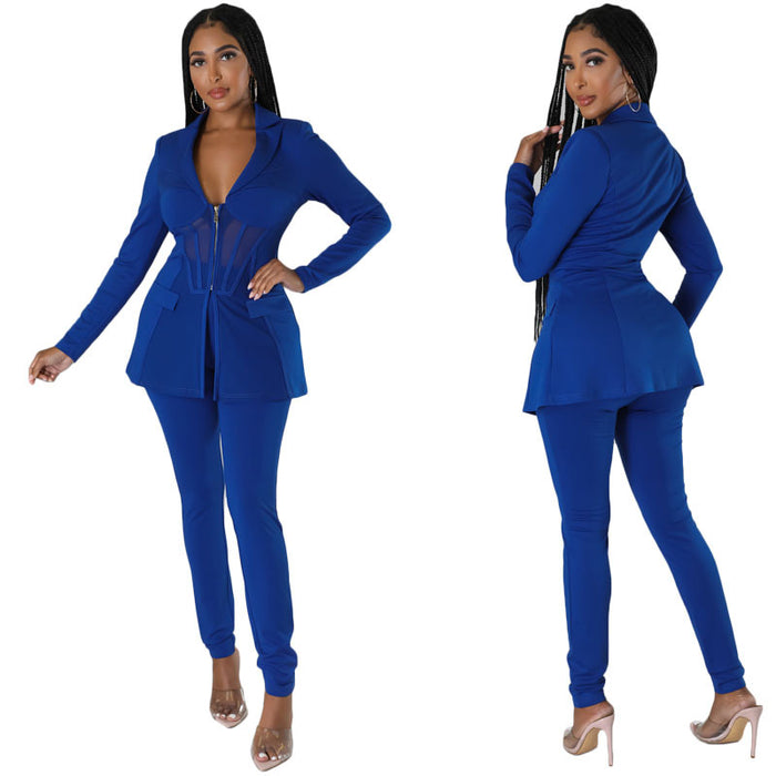 Color-Blue-Women Clothing Set Mesh See through Stitching Zipper Trousers Two Piece Set-Fancey Boutique