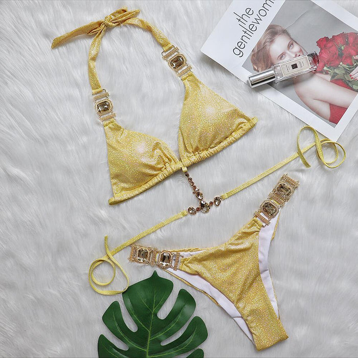 Color-Gold-Sexy Crystal Diamond Bikini Strap Women Split Swimsuit Beach Swimsuit-Fancey Boutique