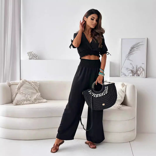 Women Clothing Women Clothing Solid Color Half Sleeve Trousers Suit-Black-Fancey Boutique