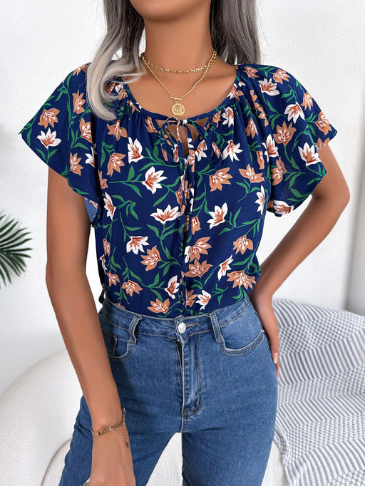 Color-Navy Blue-Spring Summer Casual Loose Lotus Leaf Self Tie Chiffon Shirt Top Women Clothing-Fancey Boutique