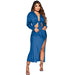 Color-Dream Blue-Women Clothing Autumn Sunken Stripe Long Sleeve Split Skirt Set-Fancey Boutique