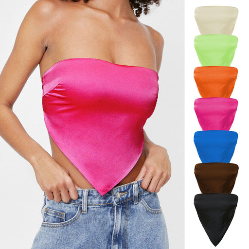 Color-Sexy Back Lace up Satin Wrapped Chest Solid Color Triangular Binder cropped Exposed Non Slip Tube Hankey Hem Top Women Clothing-Fancey Boutique