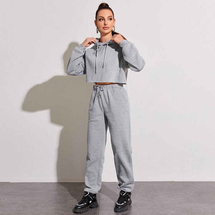 Color-Gray-Autumn Winter Fleece Lined Long-Sleeved Short Sweater Women cropped Hooded Fleece Shirt Women Solid Color Straight Leg Pants Suit-Fancey Boutique