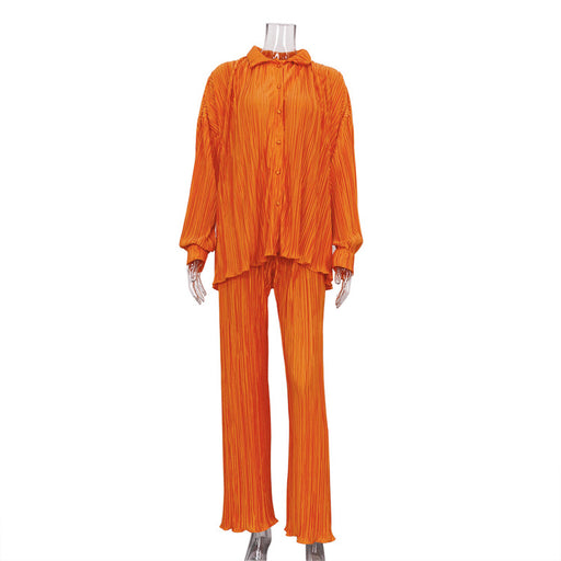 Women Clothing Long Sleeve Loose Fitting Pleated Wide Leg Pants Two Piece Set Autumn Sexy Retro Design Casual Suit-Orange-Fancey Boutique