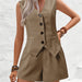 Women Clothing Elegant Office V neck Fastener Decoration Vest Shorts Short Two Piece Set Women-Khaki-Fancey Boutique