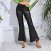Color-Black-Spring Autumn Elastic Slim Street Stitching Faux Leather Wide Leg Bell Bottoms-Fancey Boutique