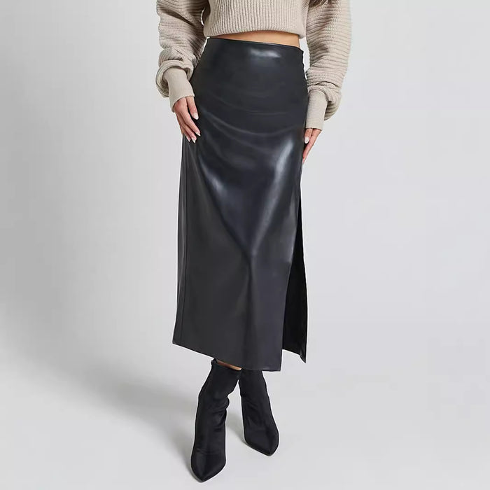 Autumn Winter Faux Leather Split Leather Skirt High Waist Zipper Skirt Slim Sheath Long Skirt Women-Fancey Boutique