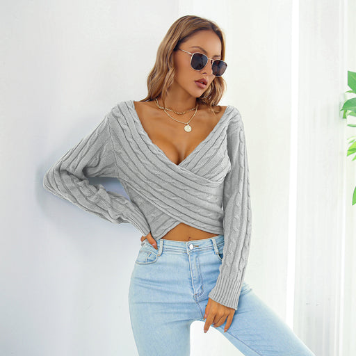 Color-Gray-Women Clothing Autumn Winter Street Criss Cross V neck Twist Long Sleeve Pullover cropped Sweater-Fancey Boutique