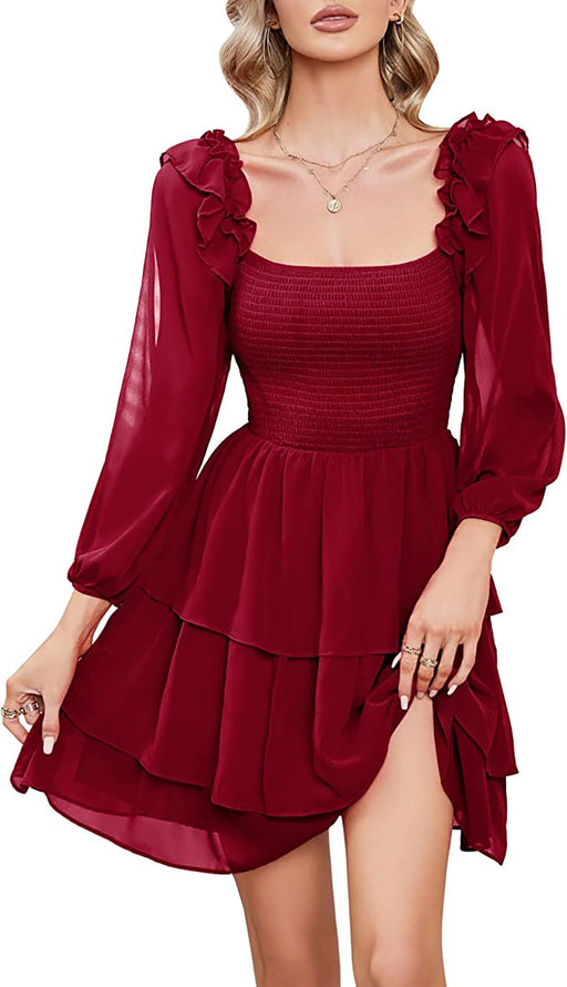 Color-Burgundy-Women Clothing Dress Square Collar Slimming Slimming Tiered Dress-Fancey Boutique