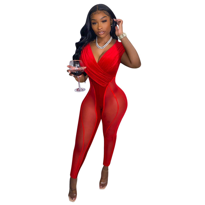 Color-Red-Women Clothing Spring Summer Arrival Supply Mesh Velvet Stitching Jumpsuit-Fancey Boutique