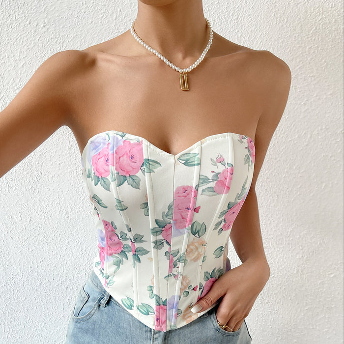 Color-Apricot-Sexy Low Cut Backless Floral Wrapped Chest Rhombus Boning Corset Boning Corset Waist Vest-Fancey Boutique