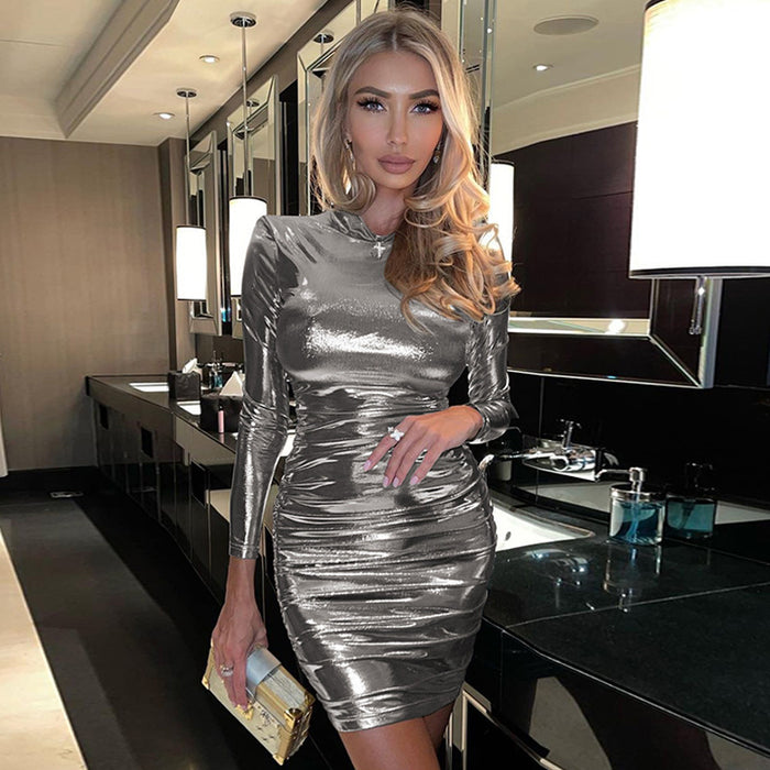 Color-Silver-Metallic Coated Fabric Women Clothing Winter Sexy Slimming Pleated Long Sleeve Narrow Dress-Fancey Boutique