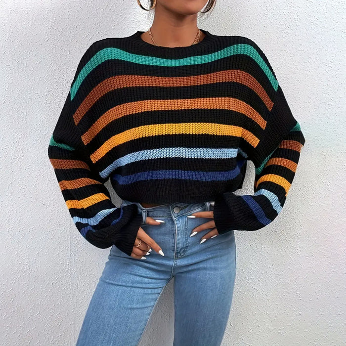 Autumn Winter Women Sweater Pullover round Neck Classic Striped Sweater Loose Casual Top Women-Fancey Boutique