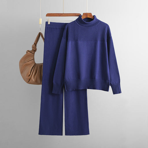 Color-royal blue-Women Knitted Pullover Solid Color High Collar Loose Casual Autumn Winter Sweater Two Piece Set-Fancey Boutique