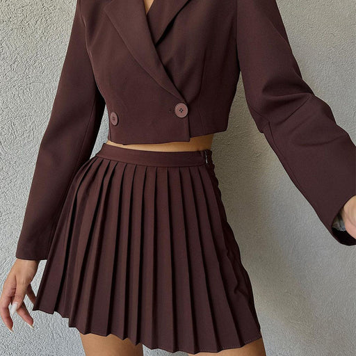 Color-Coffee-Casual Set Slim Fit Short Temperamental Long Sleeve Small Suit High Waist Pleated Miniskirt-Fancey Boutique