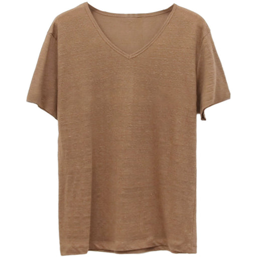 V neck Short Sleeved T shirt Summer Simple Cotton Linen Loose Solid Color Bottoming Slimming Outerwear T shirt Top Women Clothing-Brown-Fancey Boutique