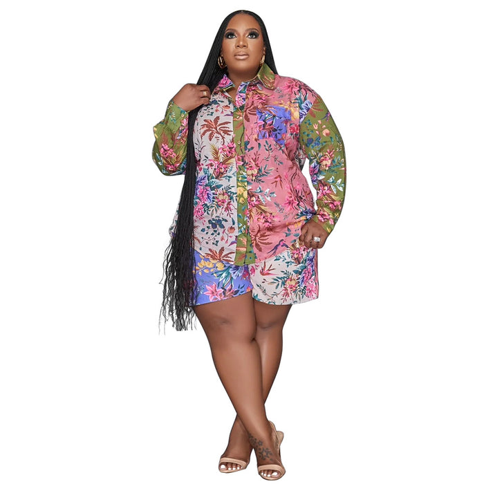 Color-White Green Flowers-Plus Size Spring Printing Collared Tropical Shirt Shorts Casual Ladies-Fancey Boutique