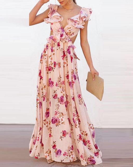 Arrival Women Floral Printing off the Shoulder Stitching Backless Summer Maxi Dress-Pink-Fancey Boutique