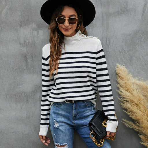 Color-Black and White Striped Sweater-Women Clothing Striped Sweater Loose Long Sleeve Stand Collar Pullover Sweater-Fancey Boutique