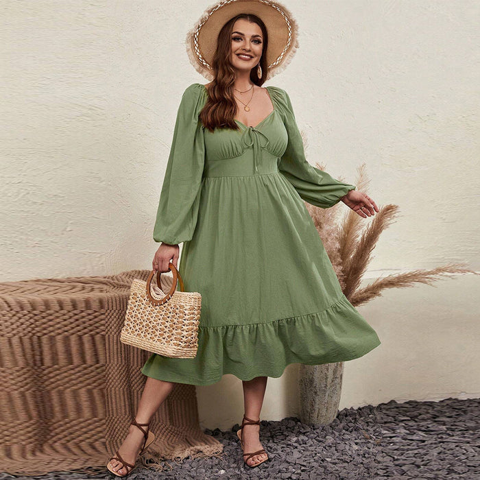 Color-Green-Plus Size Women Clothes Waist Tight Large With Chicken Collar Puff Sleeve Pastoral Long Sleeve Dress-Fancey Boutique