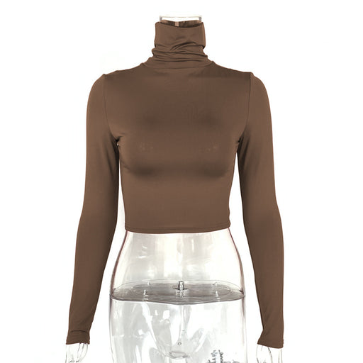 Color-Coffee-Fall Women Clothing Sexy Slim Fit Short Bottoming Long Sleeved Turtleneck Top-Fancey Boutique