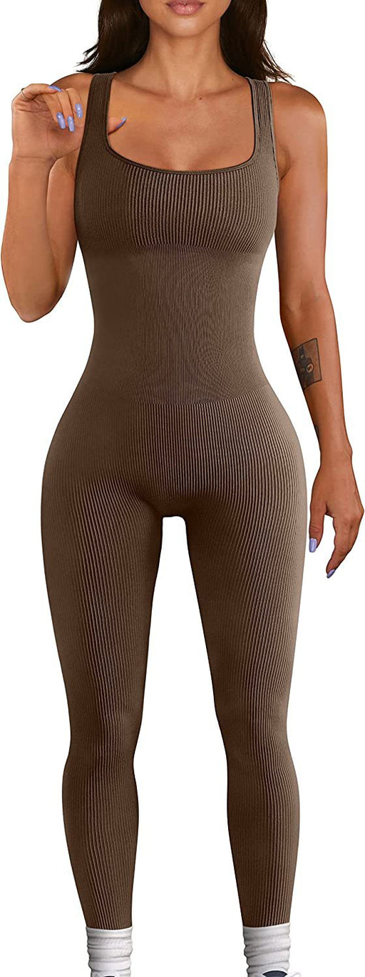 Color-Coffee-Summer Sexy Women Yoga Jumpsuit Ribbed Square Collar Sleeveless Sports Jumpsuit Trousers-Fancey Boutique