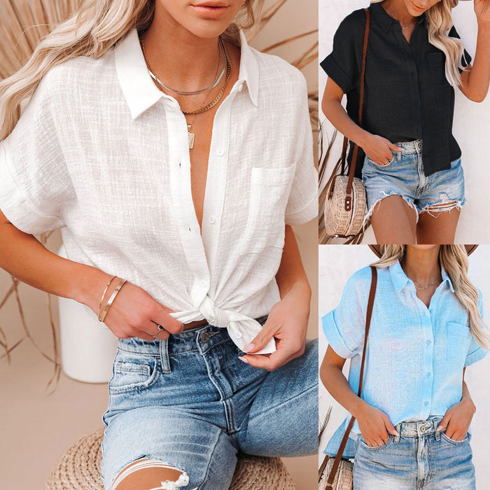 Color-Summer Polo Collar Solid Color Short Sleeve Casual Women Cotton Linen Shirt Top Women Clothing-Fancey Boutique
