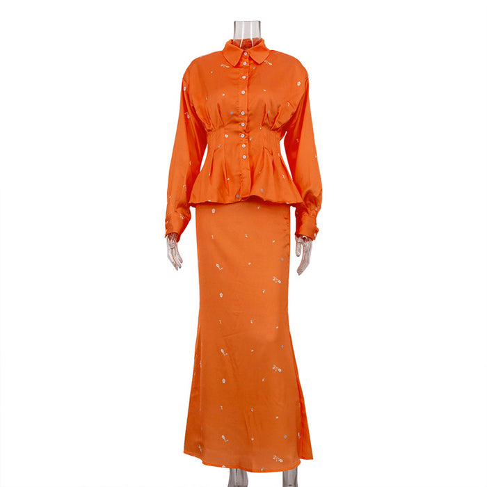 Women Clothing Lightly Mature Long Sleeve Shirt Fishtail Skirt Set Autumn Skirt Two Piece Set-Orange-Fancey Boutique