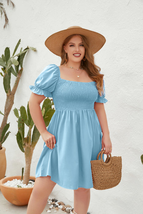 Color-Blue-Plus Size Women Clothing Solid Color Casual Holiday Dress Travel Square Collar Smocking Puff Sleeve Dress-Fancey Boutique