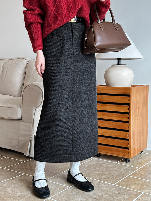 Color-Dark Grey-Woolen Skirt High Waist Design Pocket Autumn Winter Cover Hip Woolen Skirt-Fancey Boutique