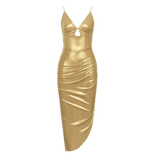 Dress Spring Summer Simple Sexy Strap Backless Glossy Dress Women-Gold-Fancey Boutique