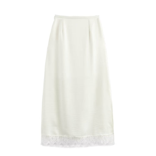 Women Simple Eyelash Lace Stitching Acetate Satin Skirt Straight Skirt-White-Fancey Boutique