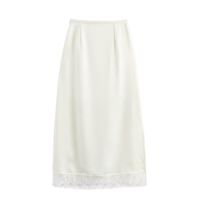 Women Simple Eyelash Lace Stitching Acetate Satin Skirt Straight Skirt-White-Fancey Boutique