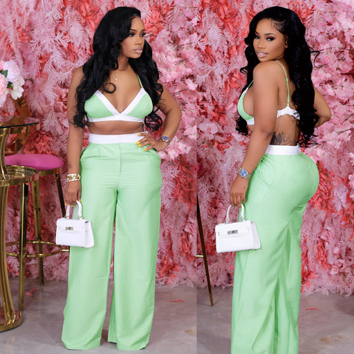 Color-Light Green-Spring Summer Loose Sexy Bra Loose Drooping Straight Mop Blouse Pants High Waist Wide Leg Pants Two Piece Set-Fancey Boutique