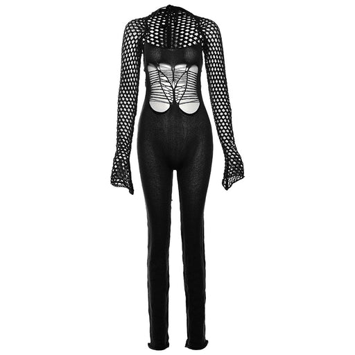 Color-Black-Spring Sexy Backless Low Collar Mesh Jacquard High Waist Trousers Tight Jumpsuit for Women-Fancey Boutique