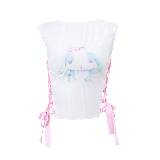 Color-White-Spring Women Round Neck Pullover Cute Rabbit Printed Side Hollow Out Cutout Cross Knotted Short Vest-Fancey Boutique