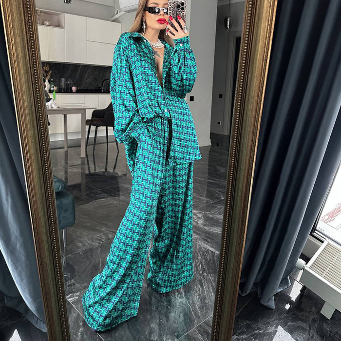 Spring Summer Women Clothing Spring Summer Wear A Set Of Long Sleeved Shirt Wide Leg Pants Letters Printing Suit-Green-Fancey Boutique