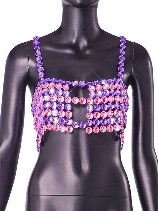 Color-Purple Splicing Pink-Gem Stitching Sexy Backless Underwaist Nightclub Tops Women Clothing-Fancey Boutique