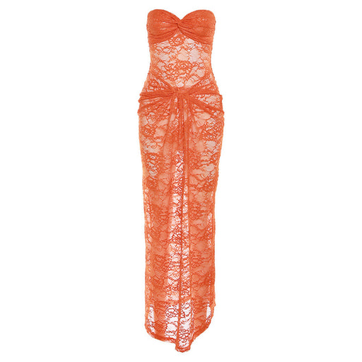 Color-Orange-Summer Women Sexy Bandeau Lace See Through Slim Sheath Dress-Fancey Boutique