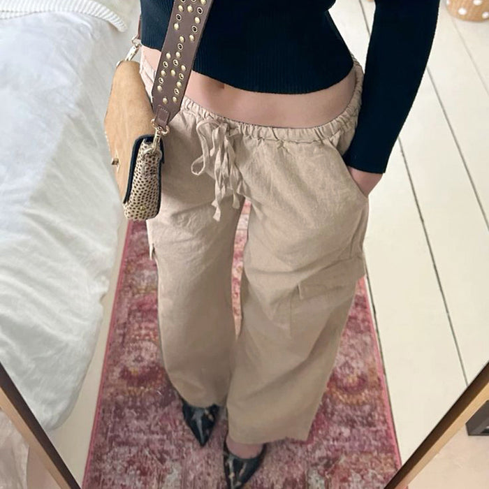 Retro Casual Working Pants Women Summer Multi Pocket Elastic Waist Design Straight Leg Pants Loose Wide Leg Linen Cotton Trousers-Fancey Boutique