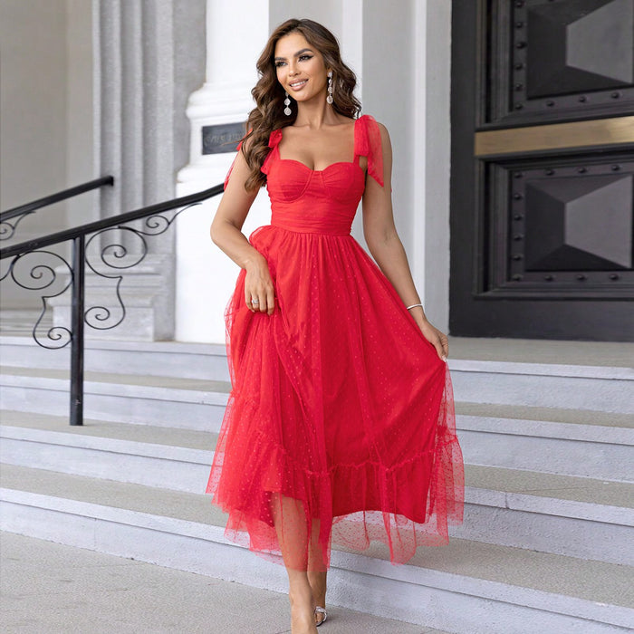 Color-Red-Fashionable Women Clothing Evening Dress Lace up Shoulder Pleated Hem Mesh Dress-Fancey Boutique
