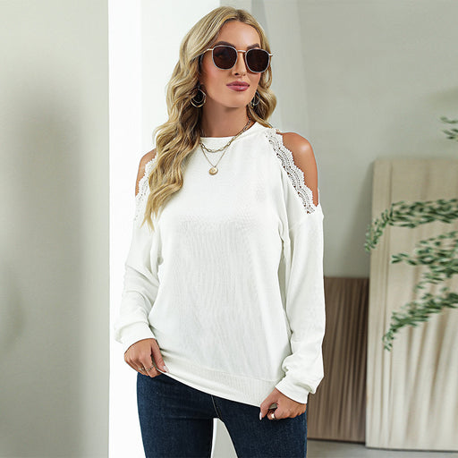 Color-White-Fall Winter Lace Stitching Sexy off-Shoulder Casual T Sweatshirt-Fancey Boutique