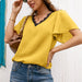 Color-Yellow-Summer V neck Stitching Eyelash Lace Ruffle Sleeve Loose Solid Color Top for Women-Fancey Boutique