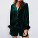 Color-Green-Autumn Winter Elegant Noble Korean Velvet Feather Pajamas Women Long Sleeved Shorts Set Home Wear Can Be Worn outside-Fancey Boutique