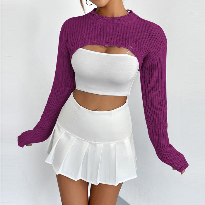 Color-Purple Short Knitted Blouse-Pullover Knitting Blouse Women Niche Design Ultra Short Outer Sexy Half Top-Fancey Boutique