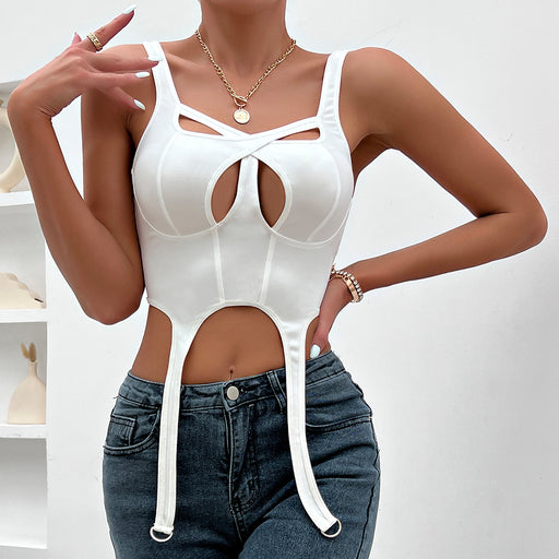 Color-White-Sexy Street Solid Color Hollow Out Cutout Backless Sling Design Blouse Small Vest Women-Fancey Boutique
