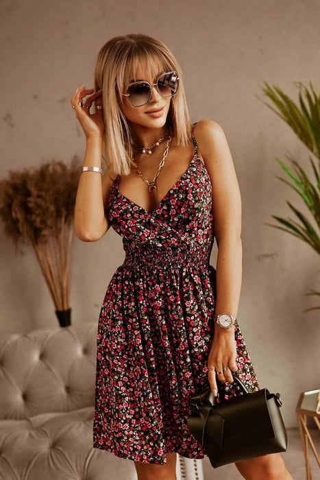 Women Clothing Summer Printed V neck Tight Waist Sexy Sling Dress-Black Background Little Red Flower-Fancey Boutique