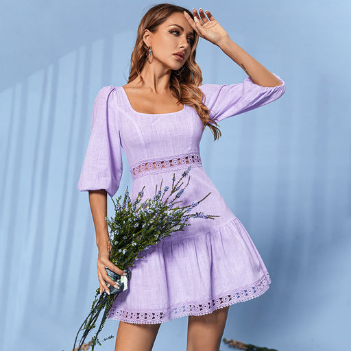 Color-Purple-Women Clothing Square Collar Dress Sexy Cutout Cropped Outfit A Line Lotus Leaf Dress-Fancey Boutique