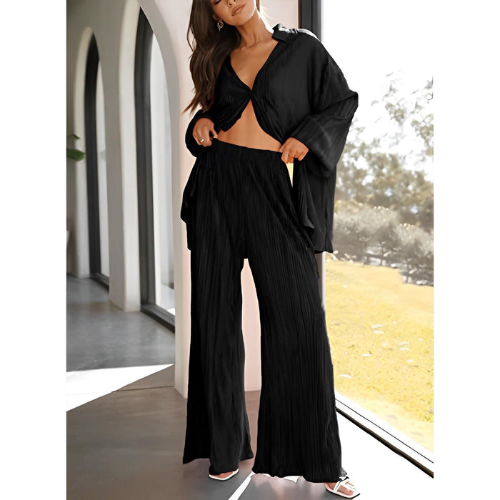 Color-Black-Spring Summer Women Solid Color Pleated Single Breasted Top High Waist Wide Leg Bell Bottoms Homewear Suit-Fancey Boutique